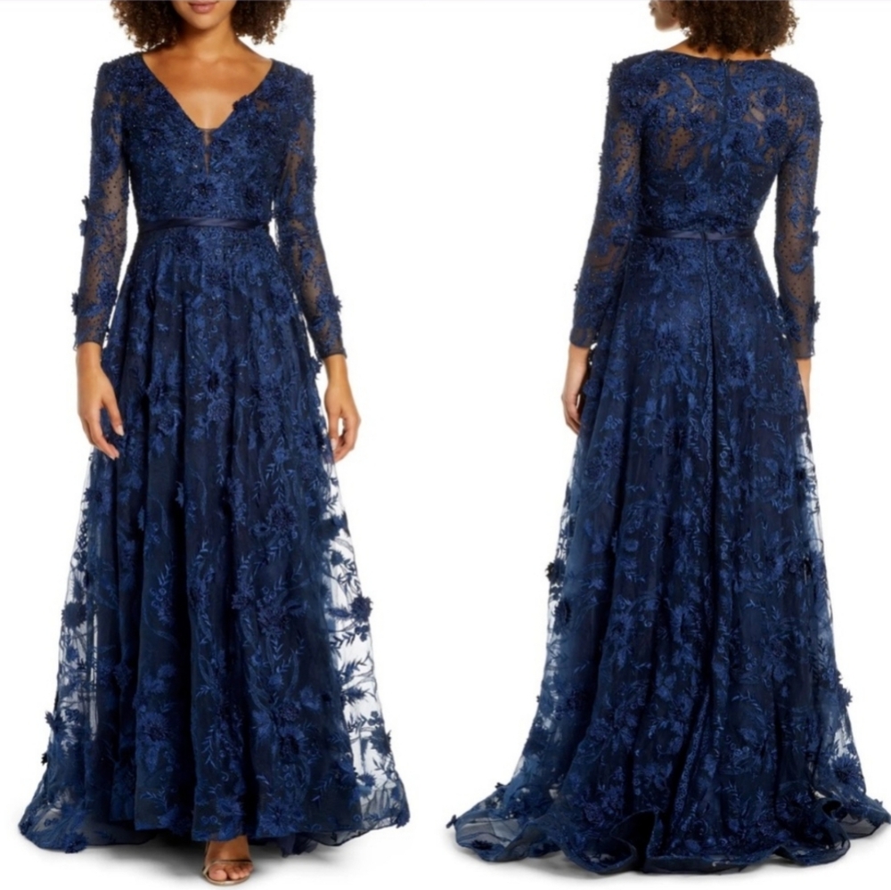 Mac Duggal Size 10 Longsleeve Plunge Neck Embroidered Aline navy 20108 Dress